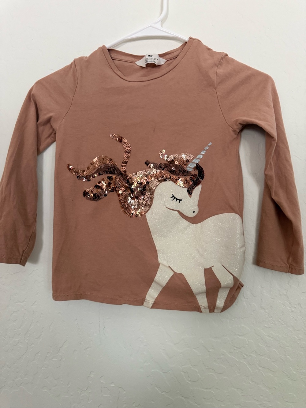 H&M Rose Brown Long-Sleeve Unicorn Sequin Tee